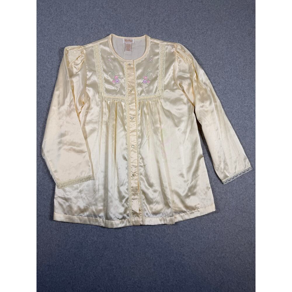 Vintage Barbizon Cuddleskin Long Sleeve Pajama Top Cream Floral Embroidery Lace - Picture 2 of 13